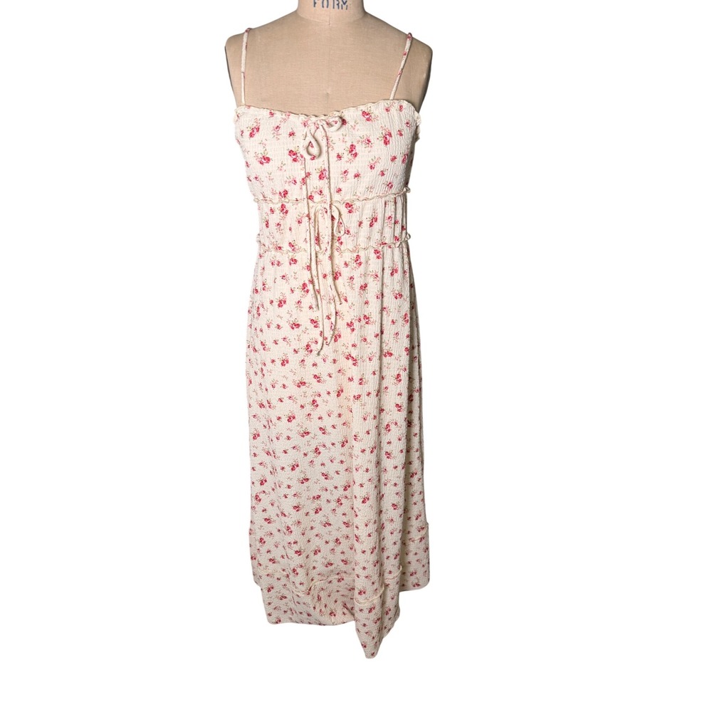 See You Monday Los Angeles Floral Smocked Maxi Dress XL Cream Red Cottagecore